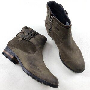 Sorel Lolla Waterproof Ankle Boot Womens 9.5 Brown Leather Side Zip Buckle Moto